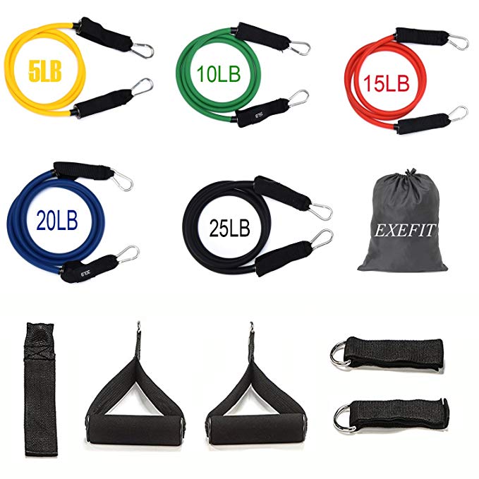 EXEFIT Resistance Band Exercise Workouts 13-Set With Door Anchor,Ankle Strap,Handle,Extra Strap,33-Page Instruction Book and Carry Bag For Total Body Exercise