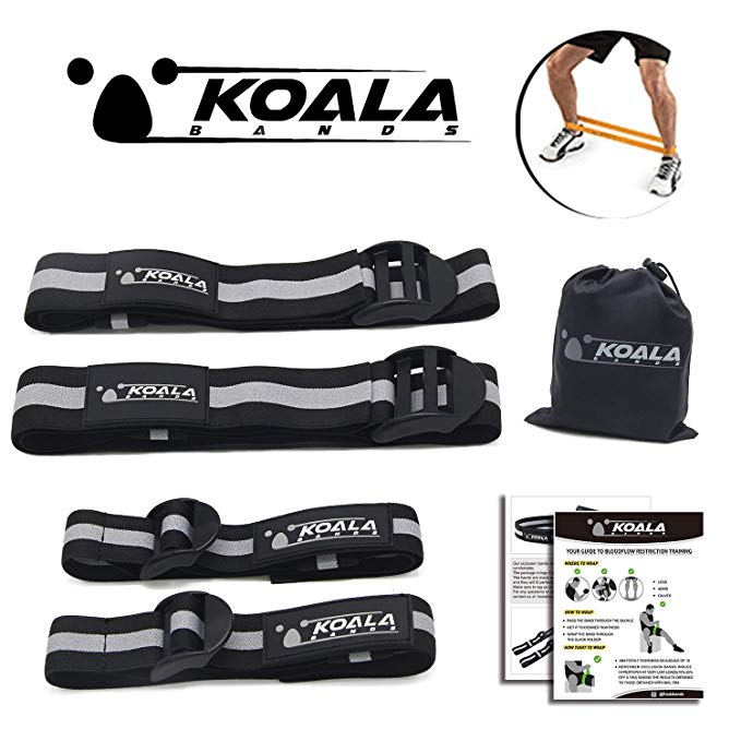 Koala Bands | Flexible premium bands comfortable for blood flow restriction training | BUNDLE PACK OF 4 ( 2 bicep bands ) ( 2 leg bands ) | Comes with portable bag