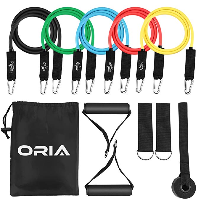 ORIA Resistance Bands Set, Exercise Loop Bands, 5 Exercise Bands, Sweatproof Bands Set with Handles, Door Anchor, Ankle Straps & Carry Bag for Workout, Sports, Outdoors, Training Programs (11 Pieces)