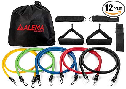Alema Fitness Best Resistance Bands 12 pc Set: 5 bands, 2 handles, 1 Door Anchor, 2 Ankle Straps,1 Exercise booklet, 1 Carrying Bag. For workout, Physical Therapy, Home, Yoga, Pilates, Martial Arts