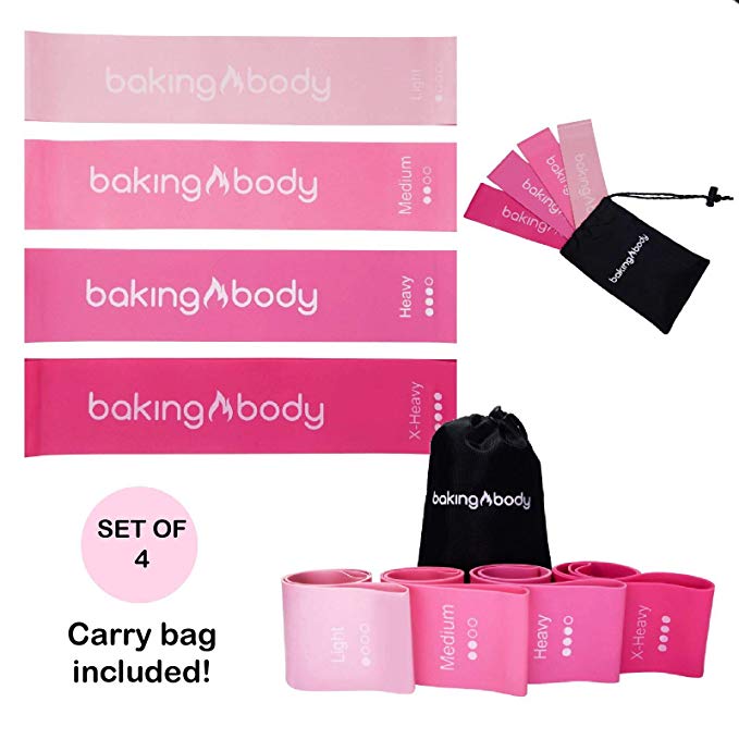 Baking Body Bands | Premium Matte Resistance Loop Bands | Pink Set of 4 with Carrying Bag | Exercise Bands for Leg and Glute Activation | Strength, Resistance, and Mobility Training