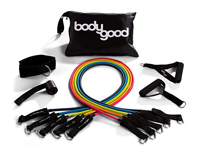 BodyGood Resistance Tube Band Set. 10 Piece Set Includes 5 Exercise Bands, 2 Handles, Door Anchor Ankle Strap. Best Home Gym Workouts & Fitness Training. Comes Free Instructional Video