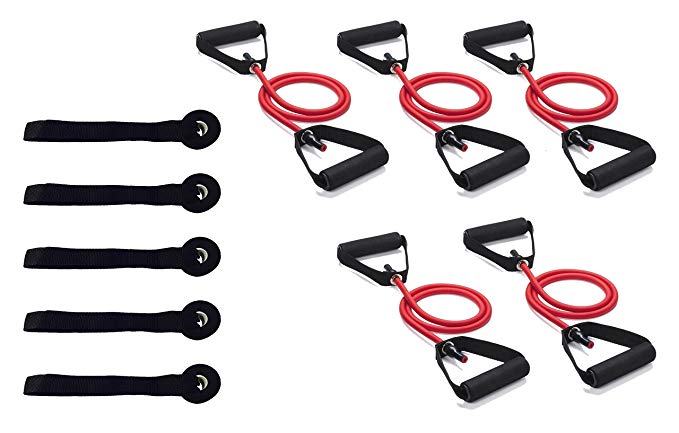 5 Pack - Direct Resistance Exercise Bands with Door Anchor and Foam Comfort Handles - 7.5 lbs Light Resistance Workout Bands for Physical Therapy or Home Workout (Red)