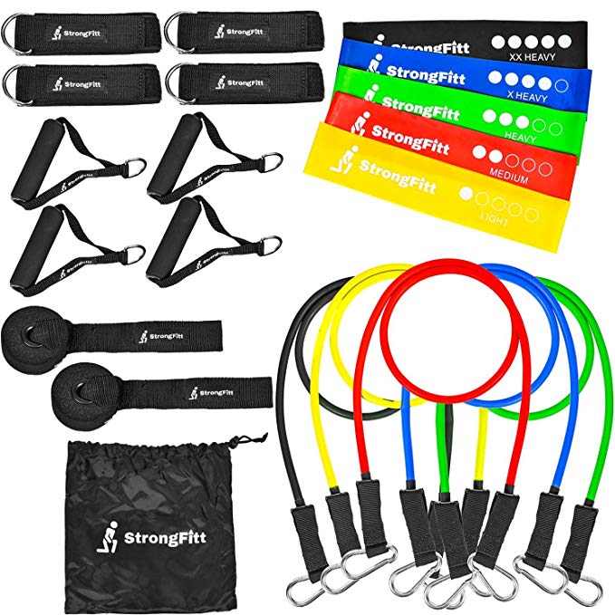 SrongFitt - Multi Family Pack - Enjoy Doing Exercise With A Buddy - Physical Therapy - Home Fitness - 21 Pieces - 5 Loop Bands, 5 Resistance Bands, 2-Pair Handles, 2-Pair Ankle Straps, 2-Door Anchor