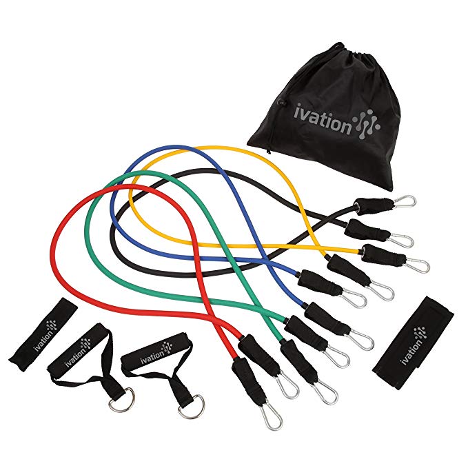 Ivation Resistance Band Set Detachable Foam Grip Handles, Door Anchor, Ankle Straps, Starter Guide & Carrying Case Included