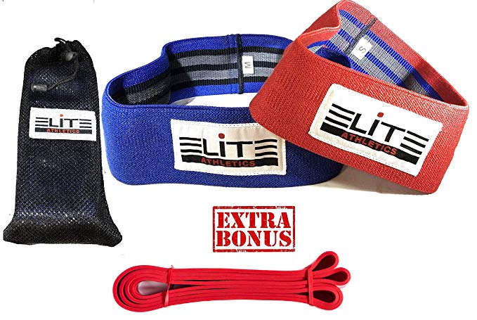 Hip Resistance Bands By Elite Athletic, SET of 2 Fitness Loop Circle Bands to Exercise Legs & Butt - Activate Glutes & Thighs- Thick, Wide, Cloth Booty Bands + BONUS Pull Up Assist Band - Carrying Bag